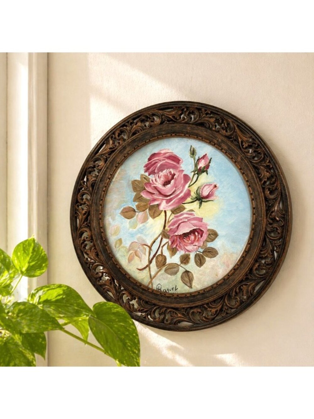 Vintage Floral Oil Painting In Ornate Round Frame Signed Raquel 1983 15.5" Diame
